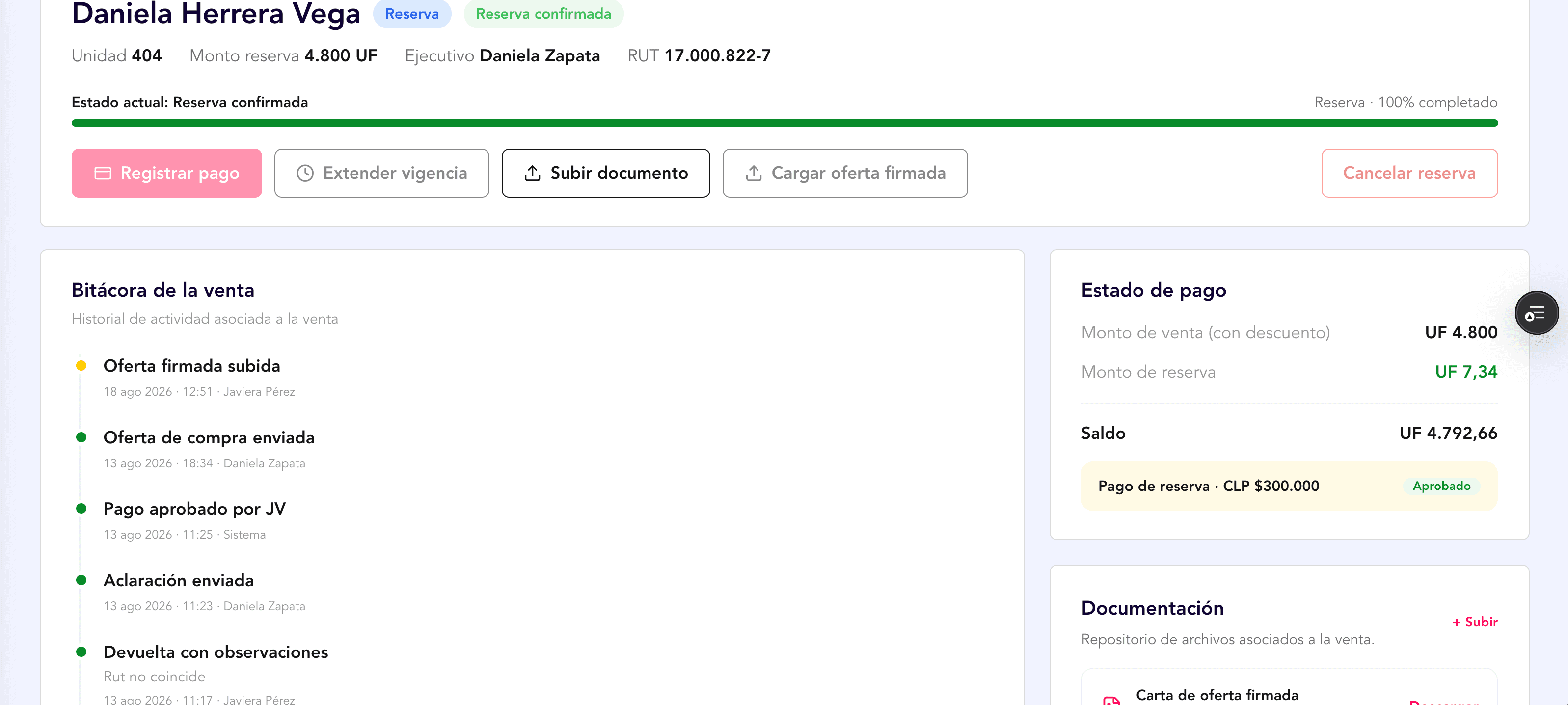 Ficha de una venta: estado y avance, bitácora, estado de pago y documentación