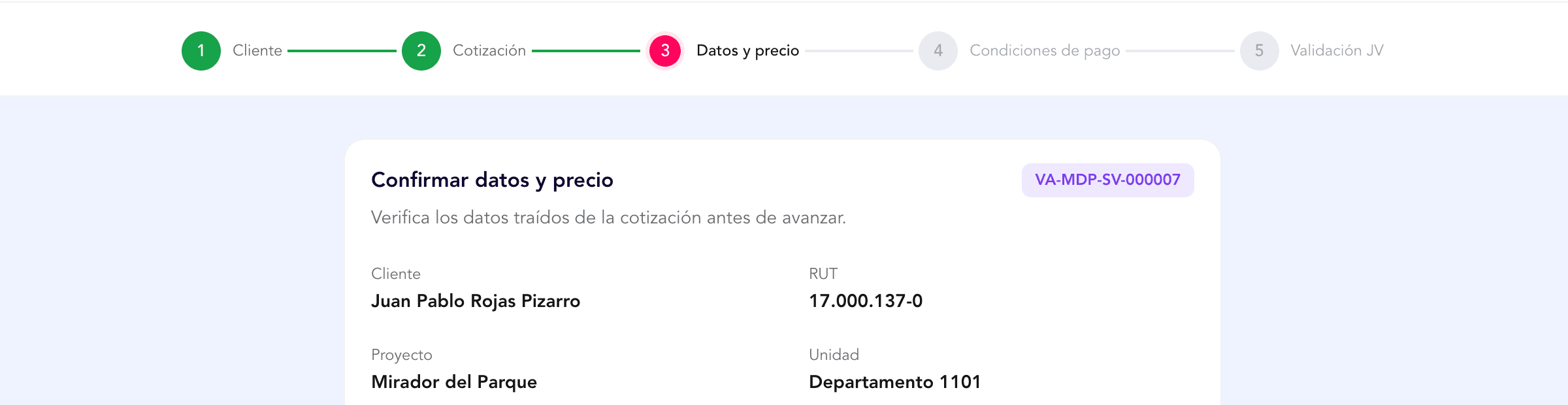Paso de confirmación al crear una reserva, con los datos traídos desde la cotización